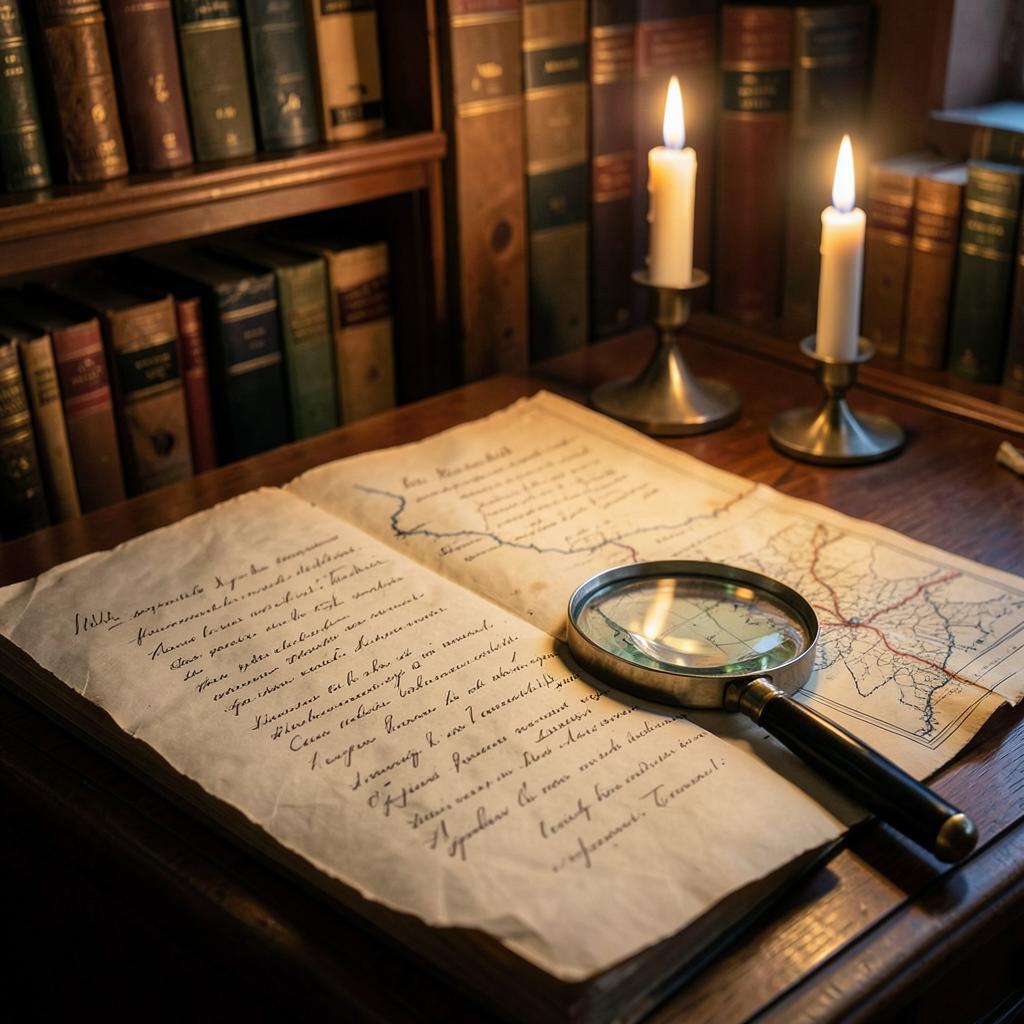 Manuscripts and maps under a magnifying glass by candlelight