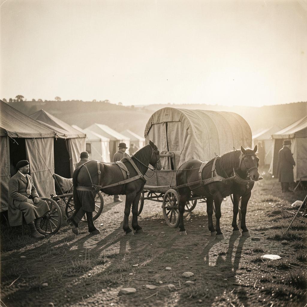 Horse-drawn caravan camp at dawn, evoking historic Roma journeys