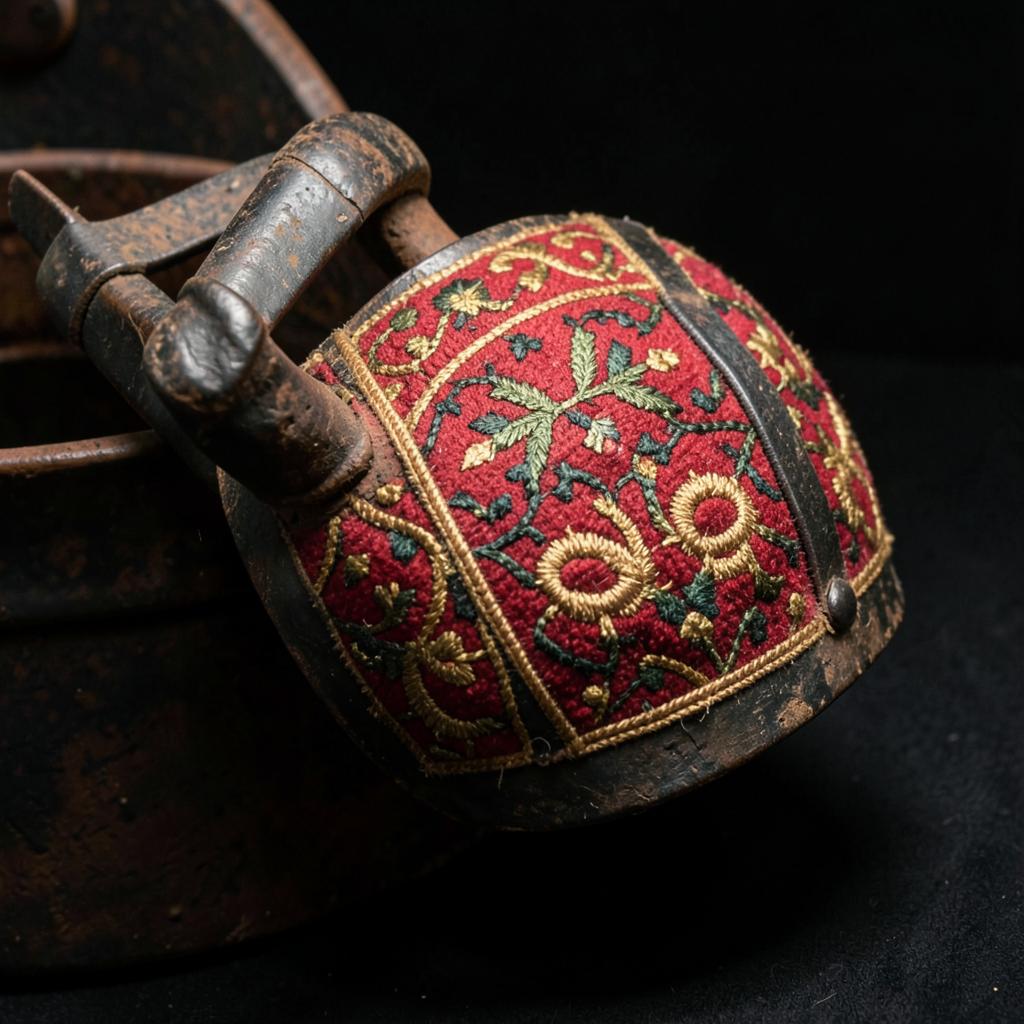 Embroidered textile with red and gold patterns mounted on aged metalwork