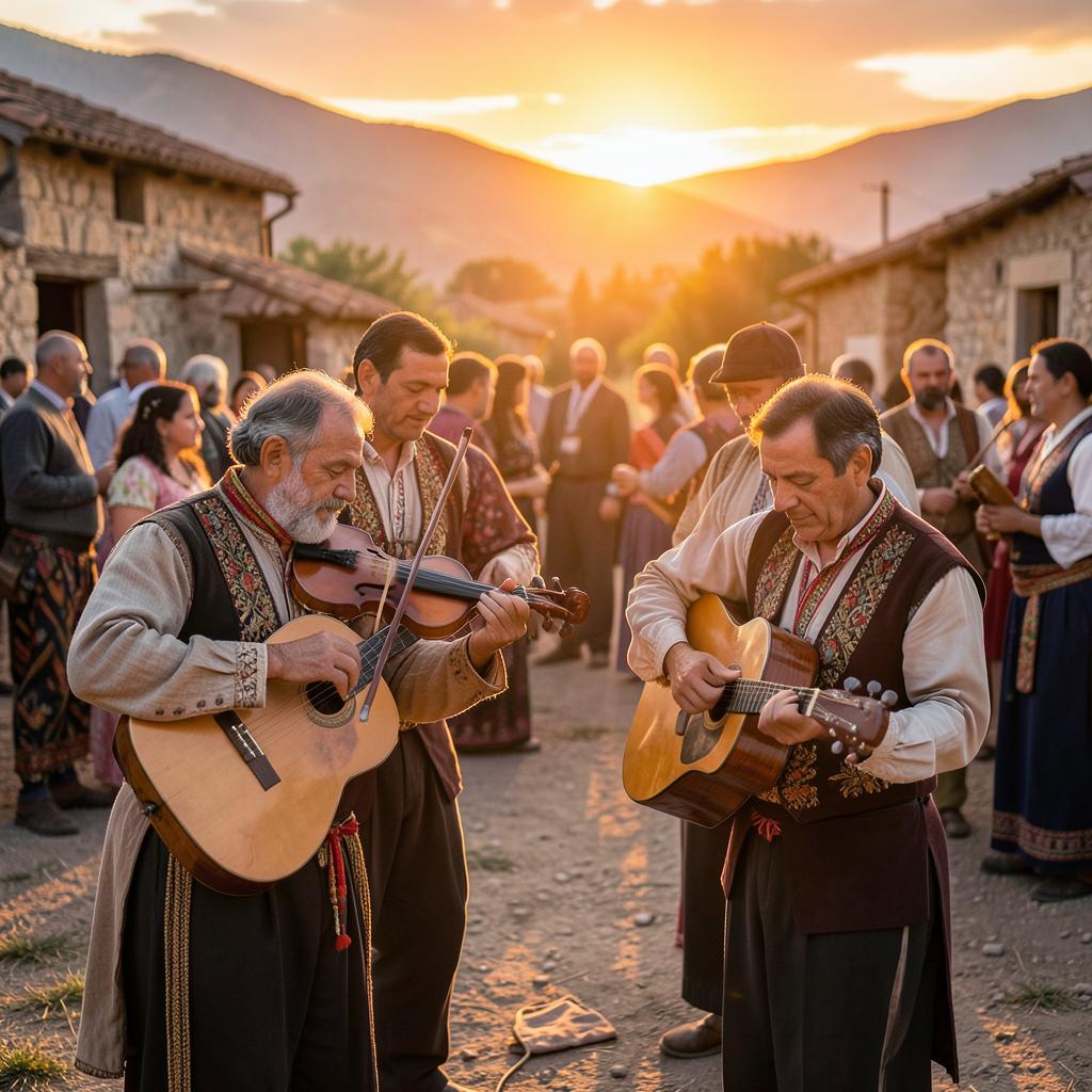 Musicians playing violin and guitar at a village gathering at sunset